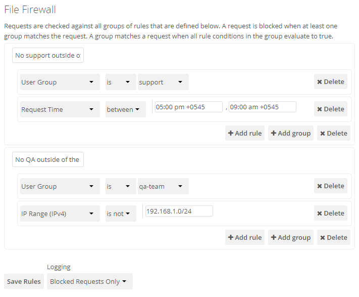 Two example rules that restrict logins per user group.
