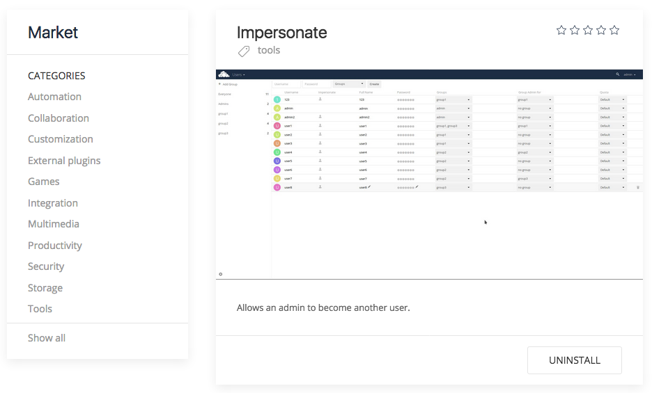 The ownCloud Marketplace Impersonate app is installed.